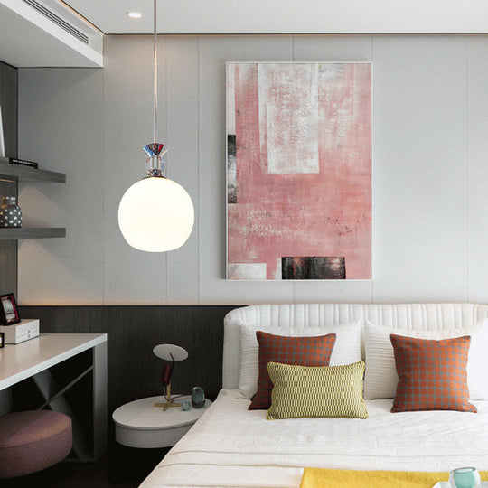 Modern Globe Pendant Light Fixture - White Glass, Chrome Suspension - Dining Room Lighting