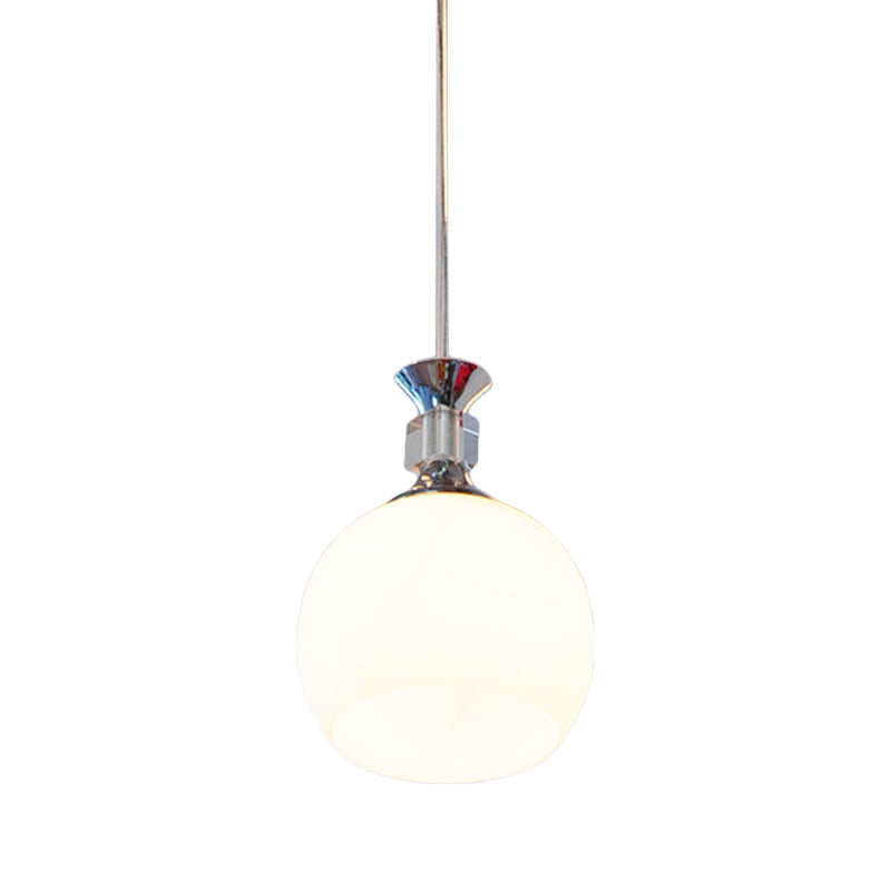 Modern Globe Pendant Light Fixture - White Glass, Chrome Suspension - Dining Room Lighting