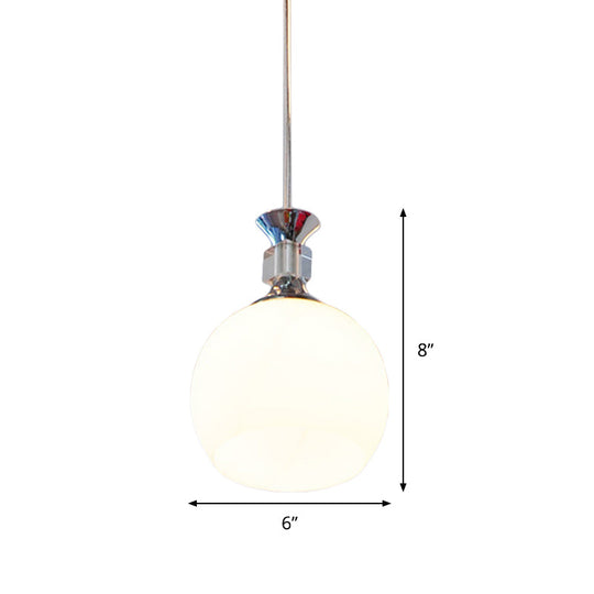 Modern Globe Pendant Light Fixture - White Glass, Chrome Suspension - Dining Room Lighting