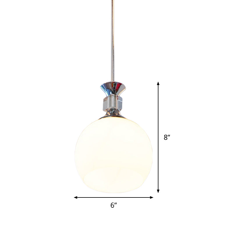 Globe Dining Room Pendant Light In Chrome With White Glass Shade - Modern Suspension Fixture