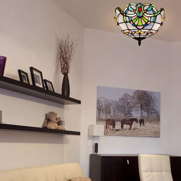 Plafonnier encastré en vitrail baroque, finition laiton vieilli avec décor à bijoux, idéal pour la chambre à coucher (2 lumières)