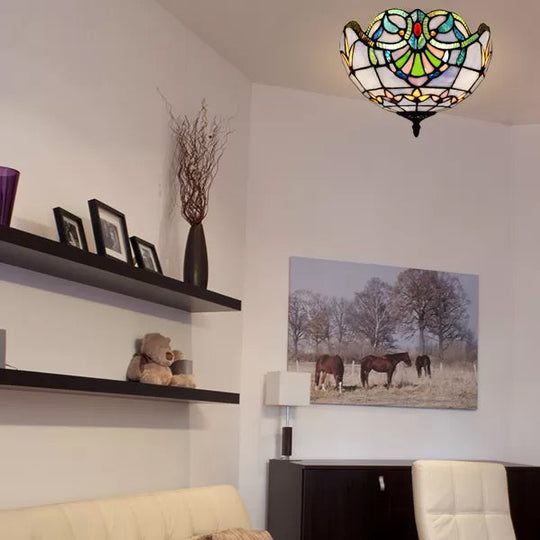 Plafonnier encastré en vitrail baroque, finition laiton vieilli avec décor à bijoux, idéal pour la chambre à coucher (2 lumières)