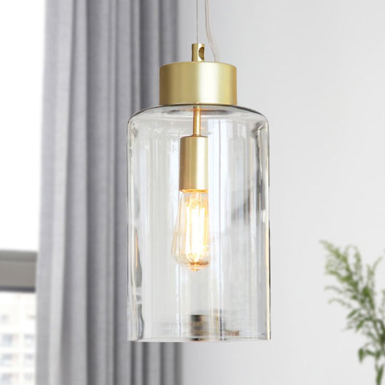 Modern Brass Cylinder Pendant Light Fixture with Clear Glass Shade, Ceiling Mounted