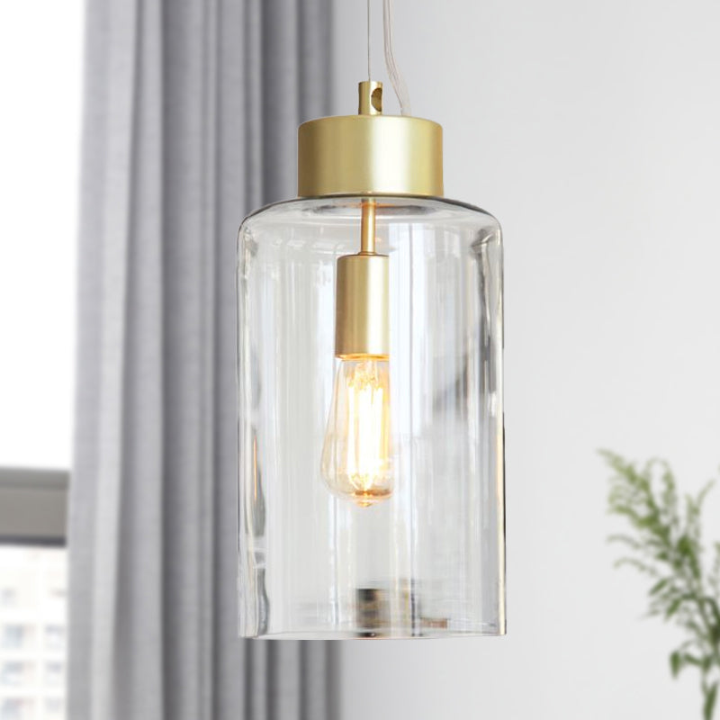 Modern Brass Cylinder Pendant Ceiling Light Fixture - Clear Glass 1 Head