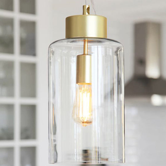 Modern Brass Cylinder Pendant Light Fixture with Clear Glass Shade, Ceiling Mounted
