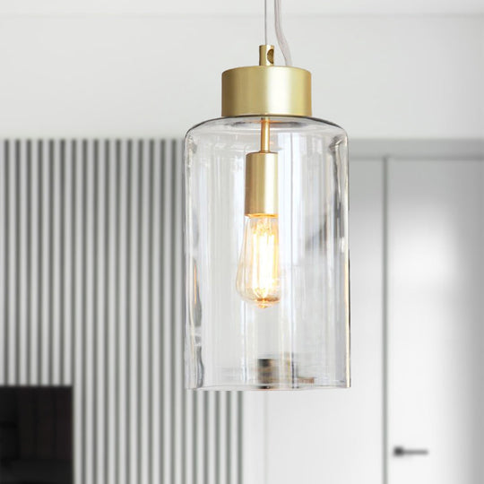Modern Brass Cylinder Pendant Light Fixture with Clear Glass Shade, Ceiling Mounted