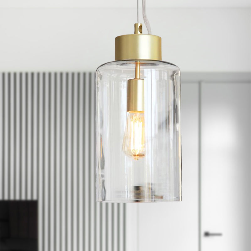 Modern Brass Cylinder Pendant Ceiling Light Fixture - Clear Glass 1 Head
