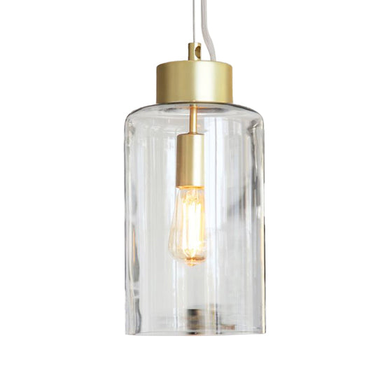 Modern Brass Cylinder Pendant Light Fixture with Clear Glass Shade, Ceiling Mounted