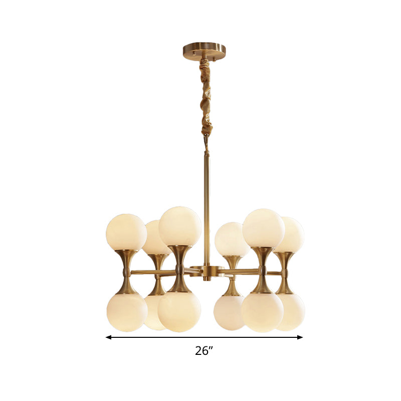 Postmodern Brass Globe Hanging Ceiling Light With Opal Glass Chandelier - 12/16 Heads