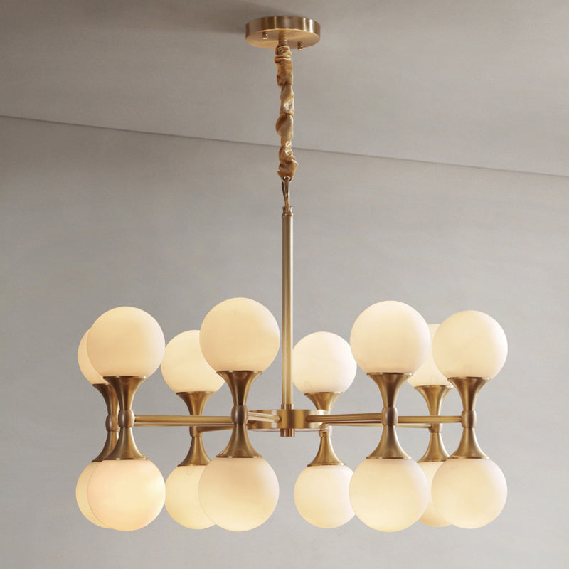 Opal Glass Chandelier Light with 12/16 Brass Globe Heads – Postmodern Ceiling Hanging Lamp