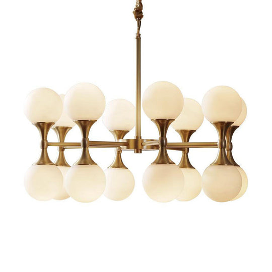 Opal Glass Chandelier Light with 12/16 Brass Globe Heads – Postmodern Ceiling Hanging Lamp