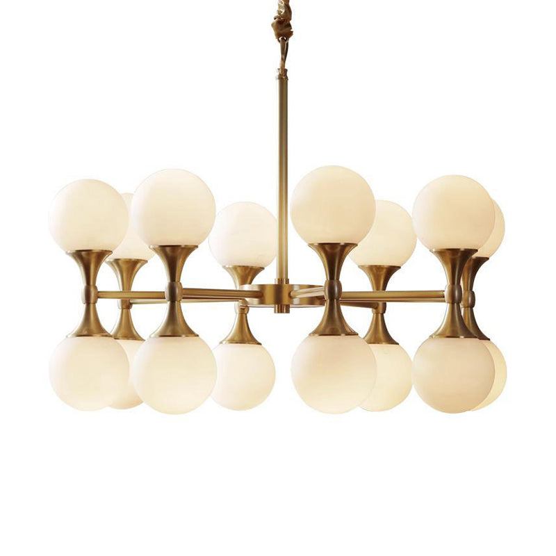 Postmodern Brass Globe Hanging Ceiling Light With Opal Glass Chandelier - 12/16 Heads