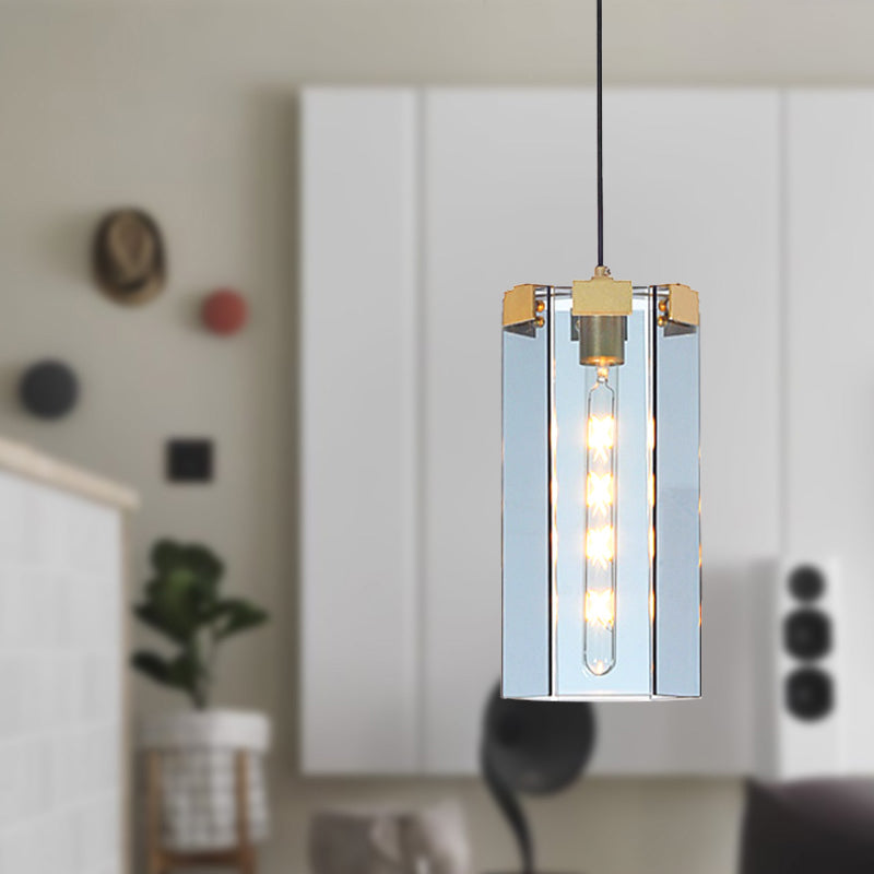 Modern Gold Pendant Light Kit with Hexagon Blue Gray Glass Shade for Bedroom
