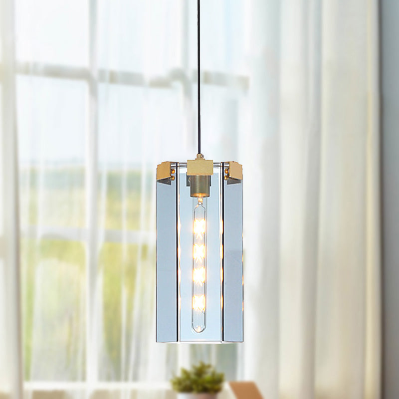 Modern Gold Pendant Light Kit with Hexagon Blue Gray Glass Shade for Bedroom