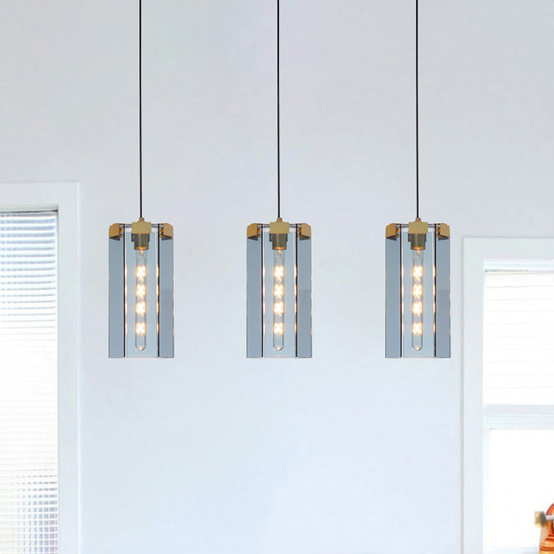 Modern Gold Pendant Lamp With Hexagon Blue Gray Glass Shade - Bedroom Hanging Light Kit