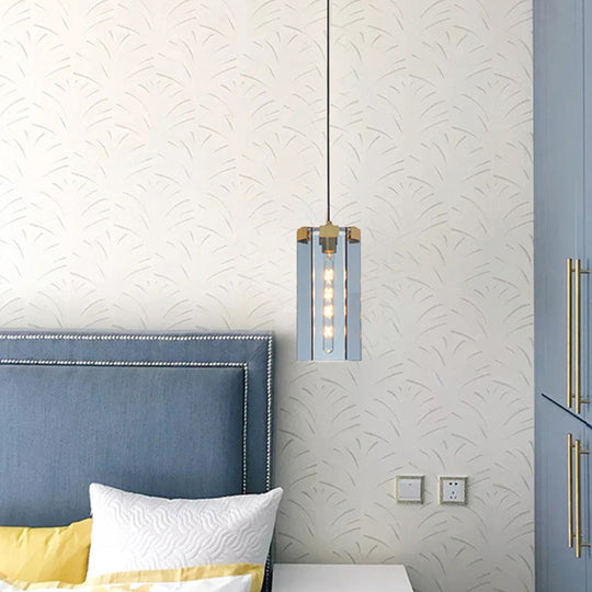 Modern Gold Pendant Light Kit with Hexagon Blue Gray Glass Shade for Bedroom