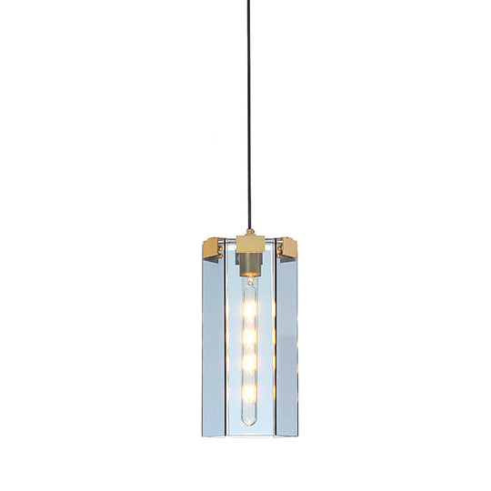 Modern Gold Pendant Lamp With Hexagon Blue Gray Glass Shade - Bedroom Hanging Light Kit