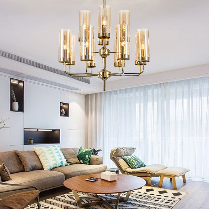 Postmodern Cylinder Hanging Lamp Kit - Blue/Cognac Glass 12 Head Dining Room Chandelier Light