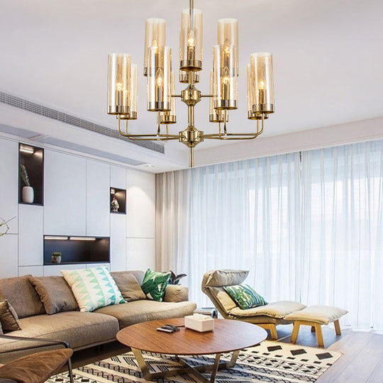 Postmodern Cylinder Hanging Lamp Kit - Blue/Cognac Glass 12 Head Dining Room Chandelier Light