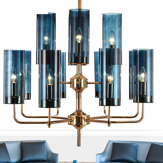 Postmodern Cylinder Hanging Lamp: Blue/Cognac Glass, 12 Heads, Dining Room Chandelier Lighting Kit