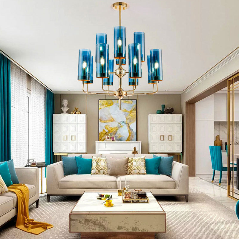 Postmodern Cylinder Hanging Lamp: Blue/Cognac Glass, 12 Heads, Dining Room Chandelier Lighting Kit