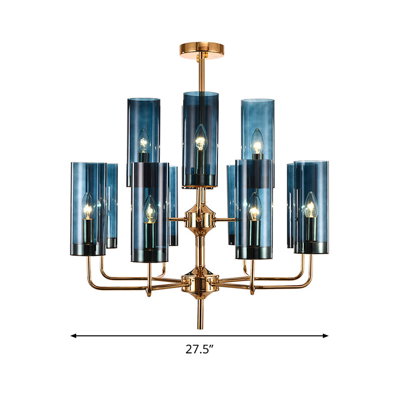 Postmodern Cylinder Hanging Lamp: Blue/Cognac Glass, 12 Heads, Dining Room Chandelier Lighting Kit