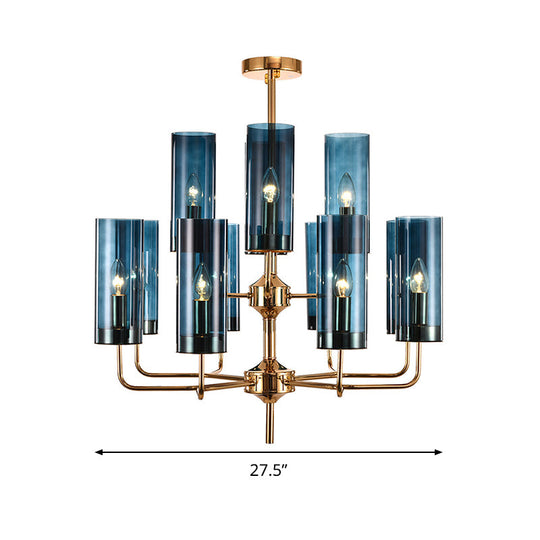 Postmodern Cylinder Hanging Lamp: Blue/Cognac Glass, 12 Heads, Dining Room Chandelier Lighting Kit