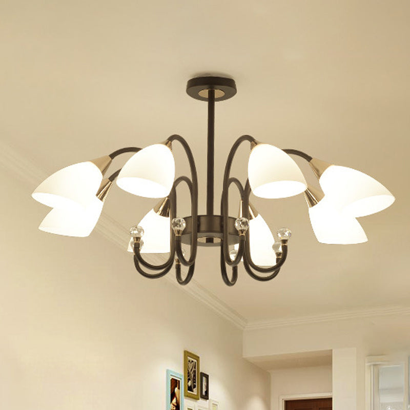 Rustic Black Iron Chandelier with Frosted Glass Shades - Hanging Ceiling Light with Curve Arm - 6/8/10 Heads