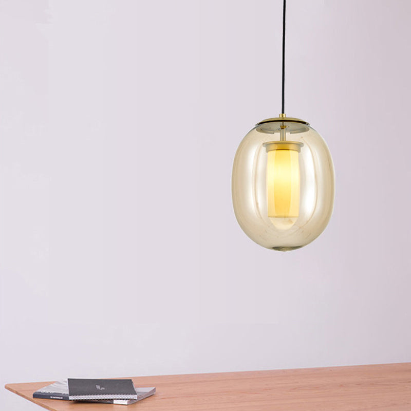 Contemporary Amber Glass Oval Pendant Ceiling Light with Gold Hanging Lamp Kit - 1 Head, 7"/8.5