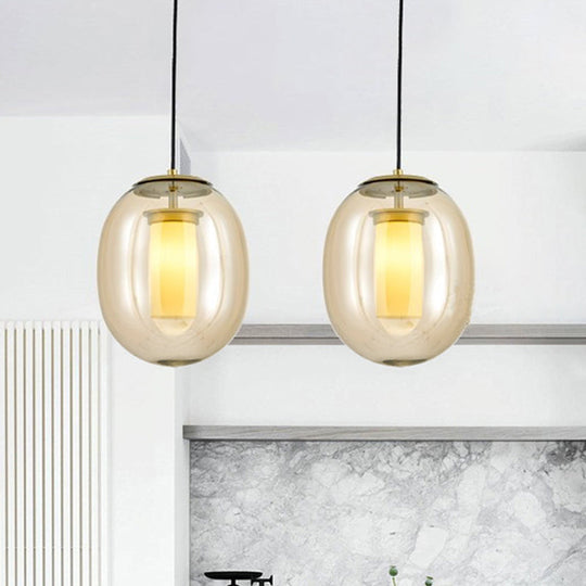 Contemporary Amber Glass Oval Pendant Ceiling Light with Gold Hanging Lamp Kit - 1 Head, 7"/8.5
