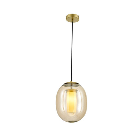 Contemporary Amber Glass Oval Pendant Ceiling Light With Gold Kit - 1 Head 7/8.5