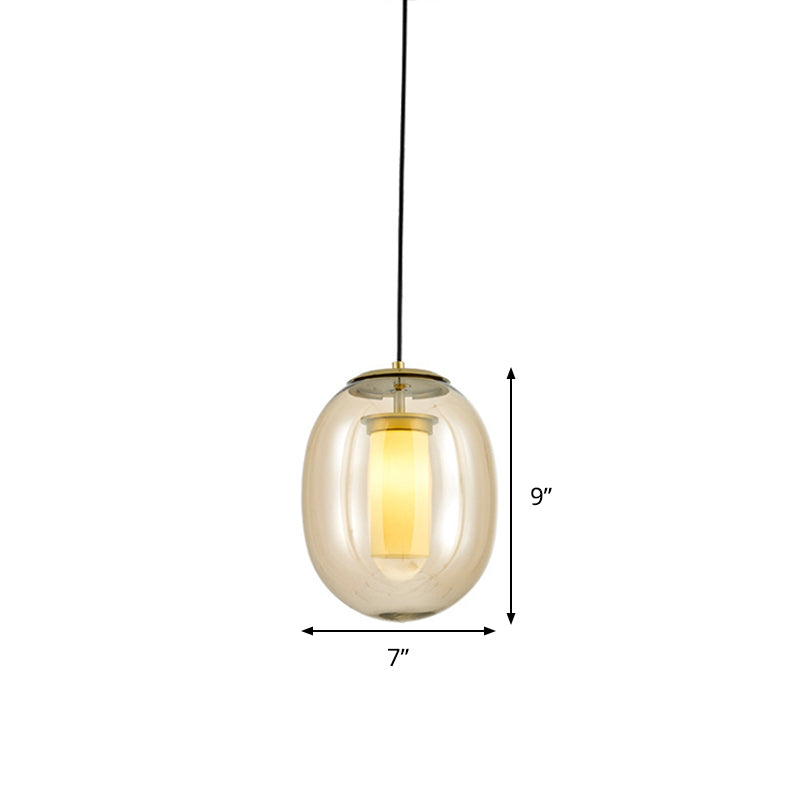 Contemporary Amber Glass Oval Pendant Ceiling Light With Gold Kit - 1 Head 7/8.5