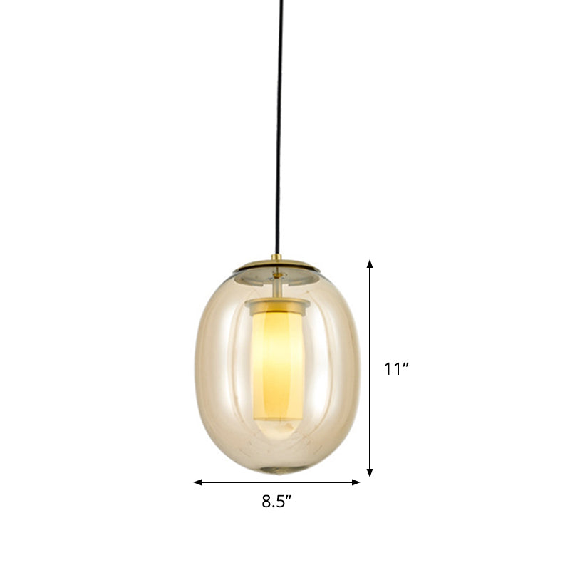 Contemporary Amber Glass Oval Pendant Ceiling Light With Gold Kit - 1 Head 7/8.5