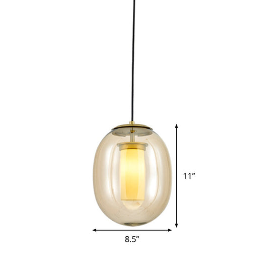 Contemporary Amber Glass Oval Pendant Ceiling Light With Gold Kit - 1 Head 7/8.5