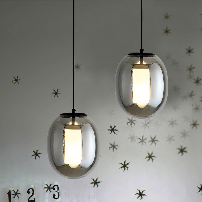 Black Glass Oval Bedroom Hanging Lamp Kit - 1 Head, 7"/8.5" Wide - Simple Style Pendant Light