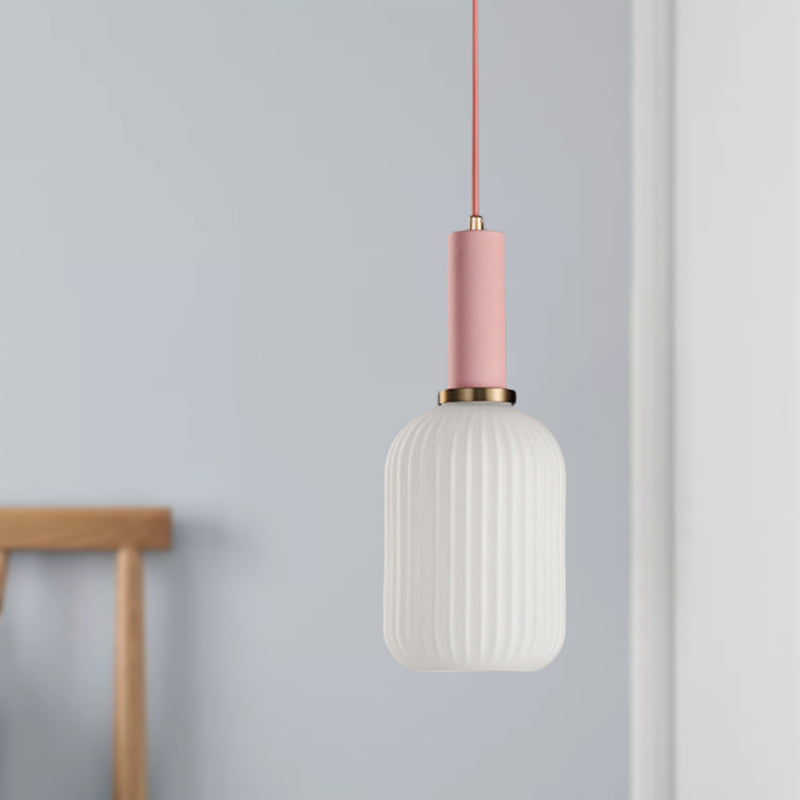 Macaron Pendant Light: Black/Pink/Blue, Cylinder/Oval/Drum White Glass Shade, 5"/8"/12" Wide