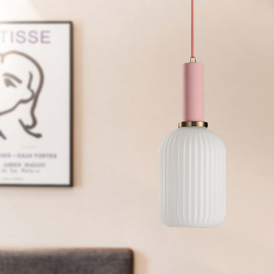 Macaron Pendant Light: Black/Pink/Blue, Cylinder/Oval/Drum White Glass Shade, 5"/8"/12" Wide