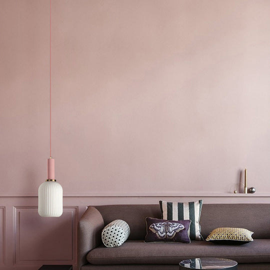 Macaron Pendant Light: Black/Pink/Blue, Cylinder/Oval/Drum White Glass Shade, 5"/8"/12" Wide