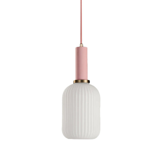 Macaron Pendant Light: Black/Pink/Blue, Cylinder/Oval/Drum White Glass Shade, 5"/8"/12" Wide