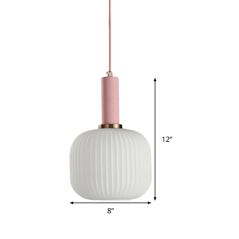 Macaron Pendant Light: Black/Pink/Blue, Cylinder/Oval/Drum White Glass Shade, 5"/8"/12" Wide
