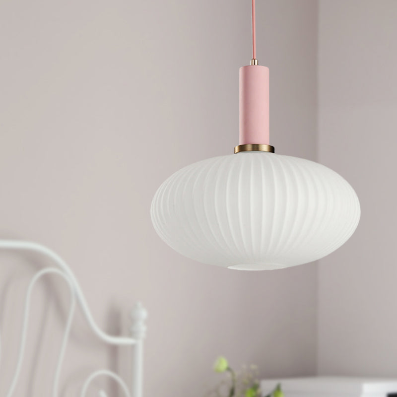 Macaron Pendant Light: Black/Pink/Blue, Cylinder/Oval/Drum White Glass Shade, 5"/8"/12" Wide