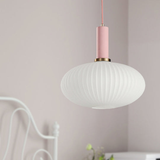 Macaron Pendant Light: Black/Pink/Blue, Cylinder/Oval/Drum White Glass Shade, 5"/8"/12" Wide