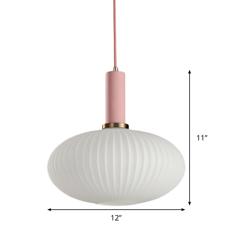 Macaron Pendant Light: Black/Pink/Blue, Cylinder/Oval/Drum White Glass Shade, 5"/8"/12" Wide