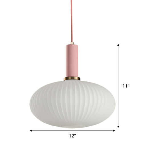 Macaron Pendant Light: Black/Pink/Blue, Cylinder/Oval/Drum White Glass Shade, 5"/8"/12" Wide