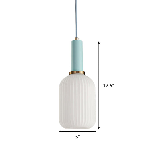 Macaron Pendant Light: Black/Pink/Blue, Cylinder/Oval/Drum White Glass Shade, 5"/8"/12" Wide