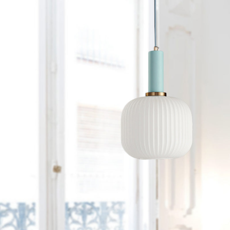 Macaron Pendant Light: Black/Pink/Blue, Cylinder/Oval/Drum White Glass Shade, 5"/8"/12" Wide