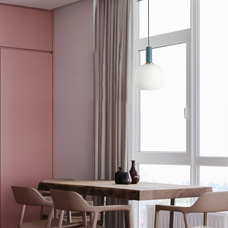 Macaron Pendant Light: Black/Pink/Blue, Cylinder/Oval/Drum White Glass Shade, 5"/8"/12" Wide