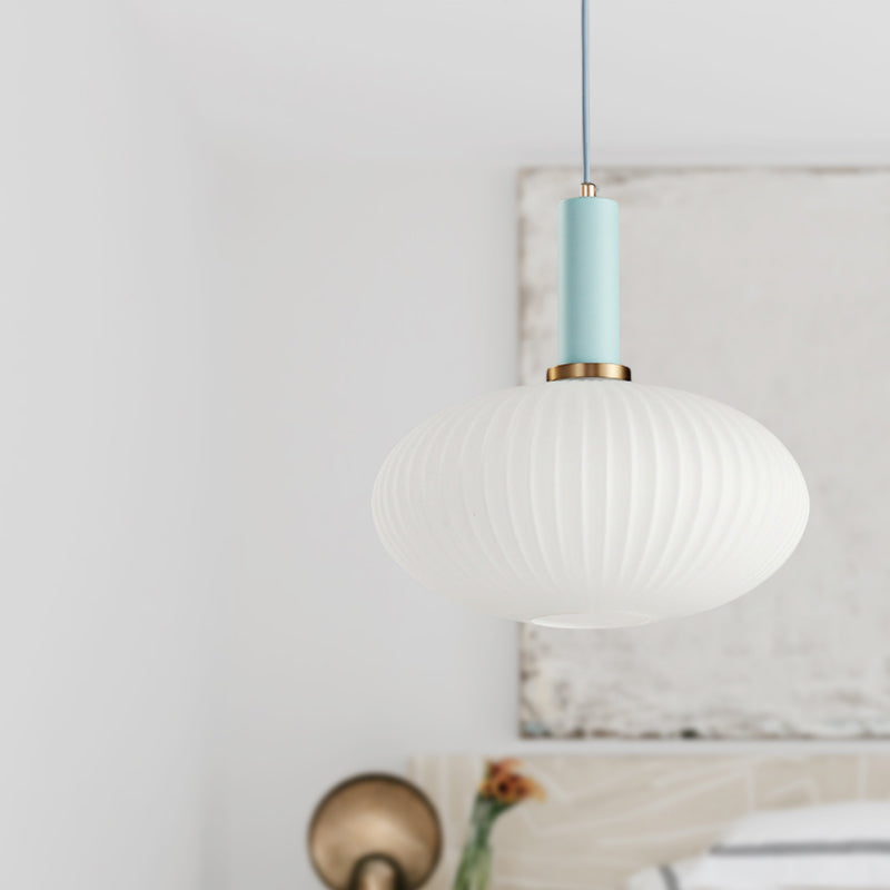 Macaron Pendant Light: Black/Pink/Blue, Cylinder/Oval/Drum White Glass Shade, 5"/8"/12" Wide