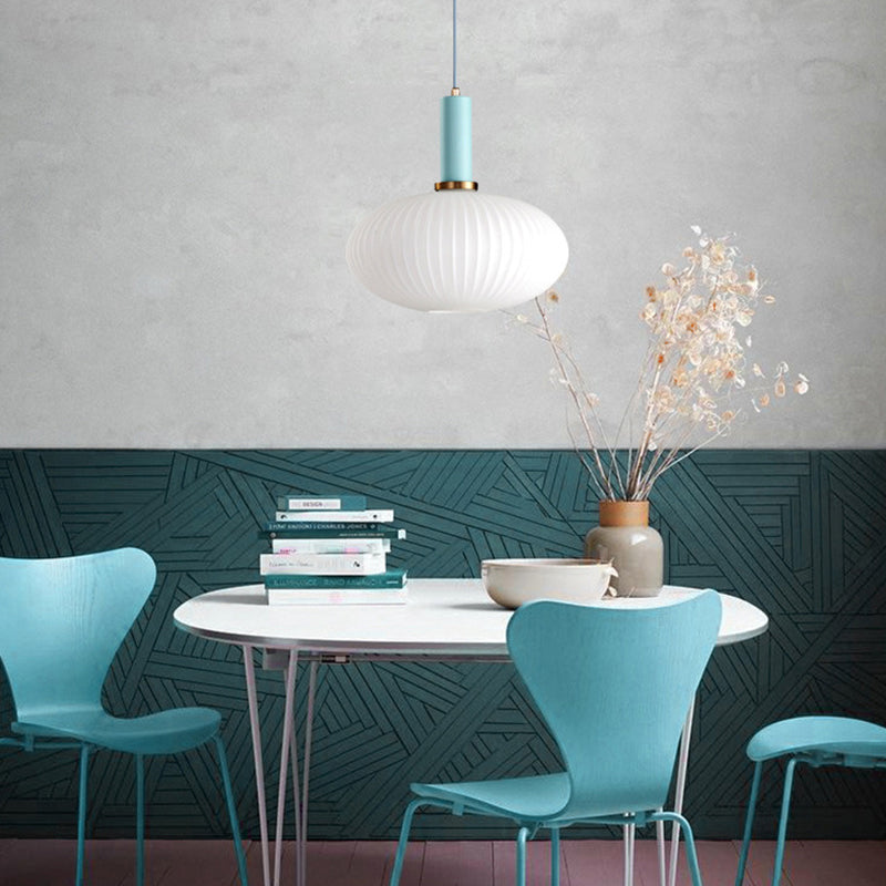 Macaron Pendant Light: Black/Pink/Blue, Cylinder/Oval/Drum White Glass Shade, 5"/8"/12" Wide