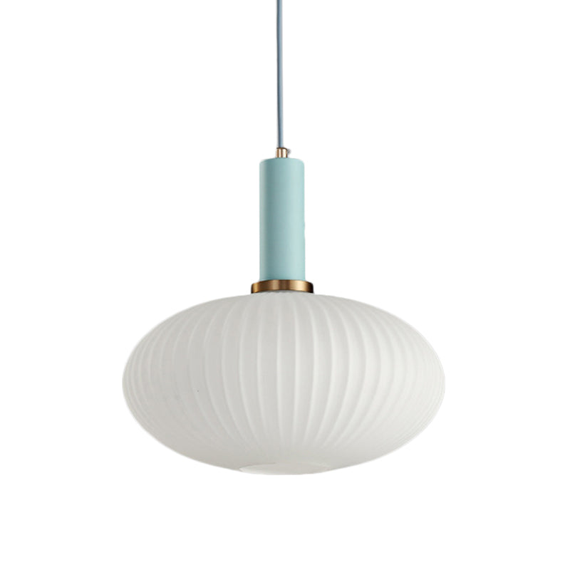 Macaron Pendant Light: Black/Pink/Blue, Cylinder/Oval/Drum White Glass Shade, 5"/8"/12" Wide